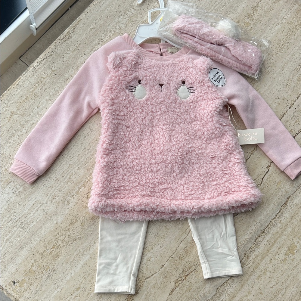 NEW 🆕 Cute Pink Fuzzy Cat 3-piece Set / NWT Easter Outfit 18-24 months